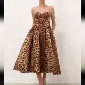 Zimmermann Crush Belted Crystal-Embellished Leopard Print Midi Dress Silk Linen
